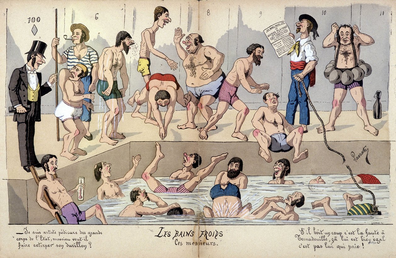 Desenho animado sobre a sociedade francesa por Lavrate: banhos públicos de Edmond Lavrate
