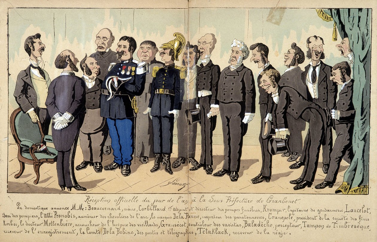 Cartoon on French society by Lavrate: as diferentes figuras da função pública, serviços administrativos... numa recepção oficial. 1880 de Edmond Lavrate