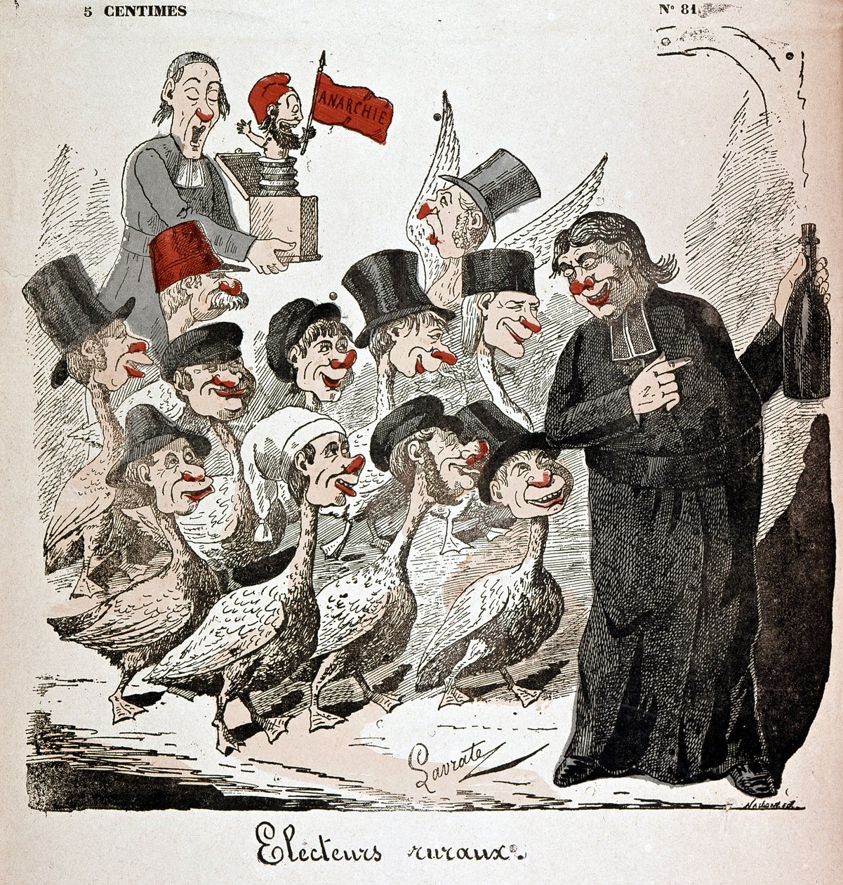 Eleitores rurais: eleitores representados como gansos e atraídos por um padre com álcool - desenho de Lavrate de Edmond Lavrate