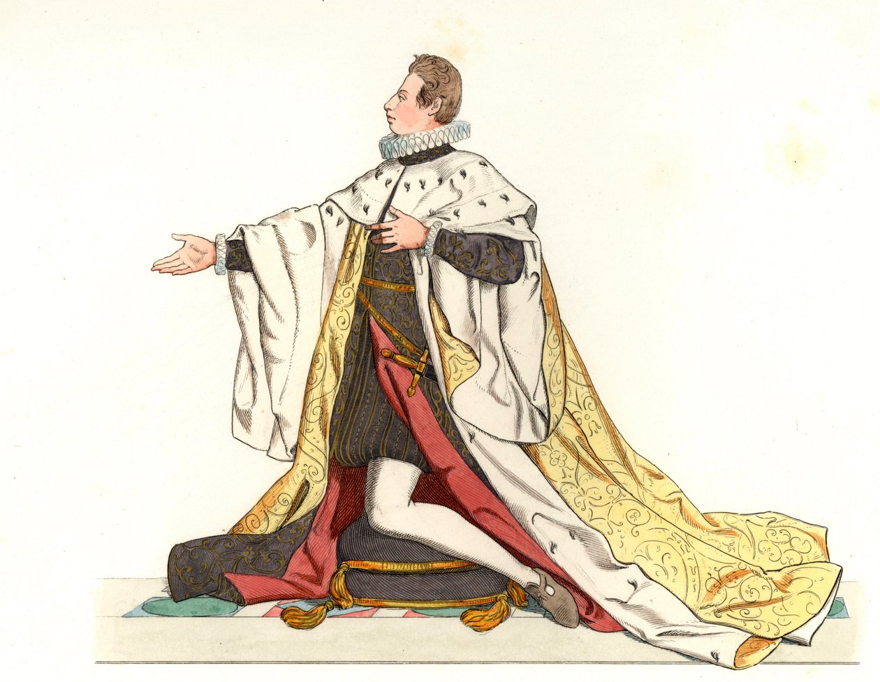 Cosme II de Medicis (1590-1621), Grão-Duque da Toscana (Itália) - Litografia baseada numa ilustração de Edmond Lechevallier-Chevignard (1825-1902), de "Historical Costumes of the 16th de Edmond Lechevallier Chevignard