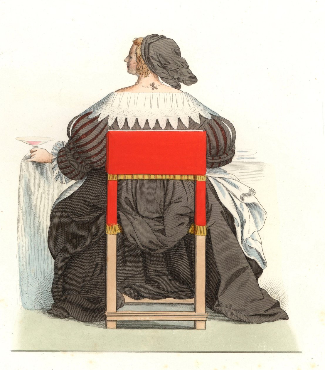 Mulher francesa do século XVII, de uma gravura de Abraham Bosse (1602-1676) - Litografia de uma ilustração de Edmond Lechevallier-Chevignard (1825-1902), de "Costumes historiques des 16th de Edmond Lechevallier Chevignard