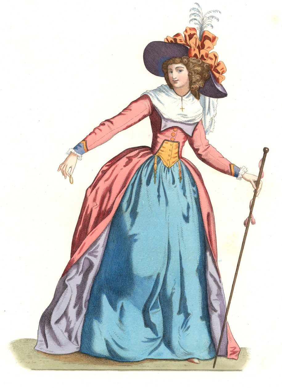 Mulher francesa na moda do século XVIII - Litografia baseada em uma ilustração de Edmond Lechevallier-Chevignard (1825-1902), de "Costumes historiques des 16th de Edmond Lechevallier Chevignard