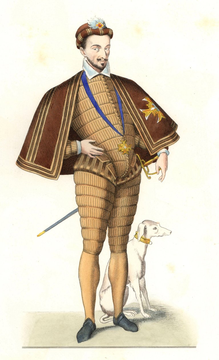 Rei Henrique III da França (1551-1589), usando o colar da Ordem do Espírito Santo - Litografia depois de uma ilustração de Edmond Lechevallier-Chevignard (1825-1902), de "Costumes historiques des 16th de Edmond Lechevallier Chevignard