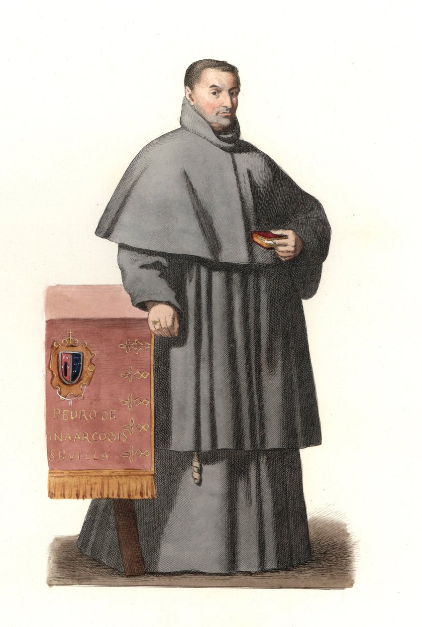 Pedro de Urbina de Montoya, arquebactéria de Sevilha (Espanha) de 1658 a 1663, baseado num retrato pintado de Bartolome Murillo (1618-1682) - Litografia de uma ilustração de Edmond Lechevallier-Chevignard (1825-1902), de "Trajes Históricos do 16t de Edmond Lechevallier Chevignard