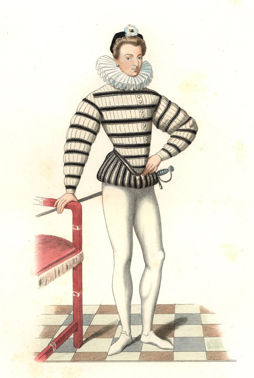 Retrato de Saint-Megrin, cavalheiro francês do século XVI, após uma ilustração de Riffaut - Litografia de uma ilustração de Edmond Lechevallier-Chevignard (1825-1902), de "Costumes historiques des 16th de Edmond Lechevallier Chevignard