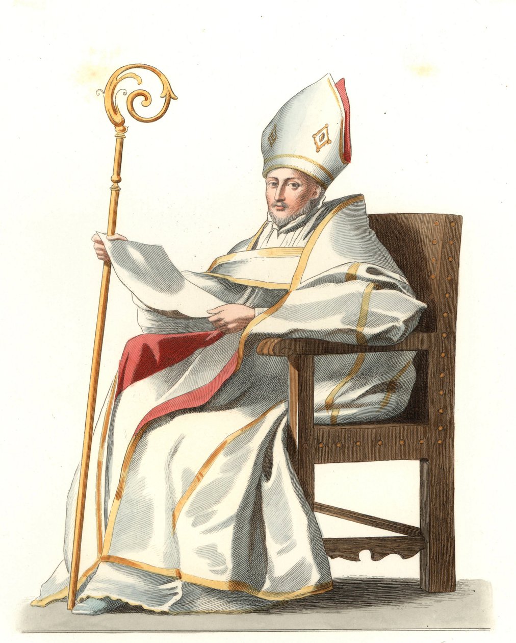 Eveque espanhol do século XVI, baseado numa pintura de Bartolome Murillo (1617-1682) - Litografia baseada numa ilustração de Edmond Lechevallier-Chevignard (1825-1902), de "Costumes historiques des 16th de Edmond Lechevallier Chevignard