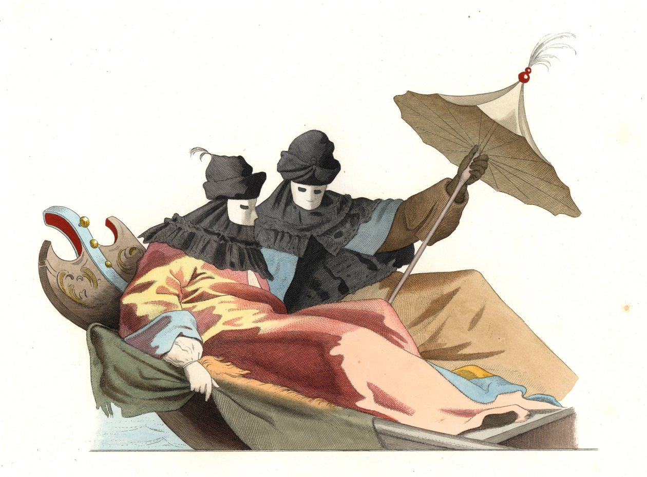 Venicianos usando a máscara bauta, Itália século XVIII, baseada numa pintura de Giovanni Antonio Canal dit Canaletto (1697-1768) - Litografia baseada numa ilustração de Edmond Lechevallier-Chevignard (1825-1902), de "Trajes Históricos do século XVI de Edmond Lechevallier Chevignard