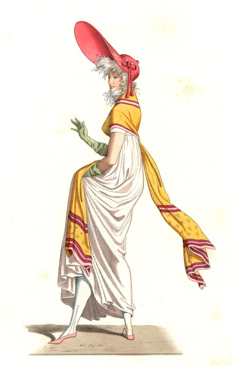 Jovem francesa vestida à moda do Maravilhoso do século XVIII, depois de uma pintura de Carle Vernet (1758-1836) - Litografia depois de uma ilustração de Edmond Lechevallier-Chevignard (1825-1902), de "Costumes historiques des 16th de Edmond Lechevallier Chevignard