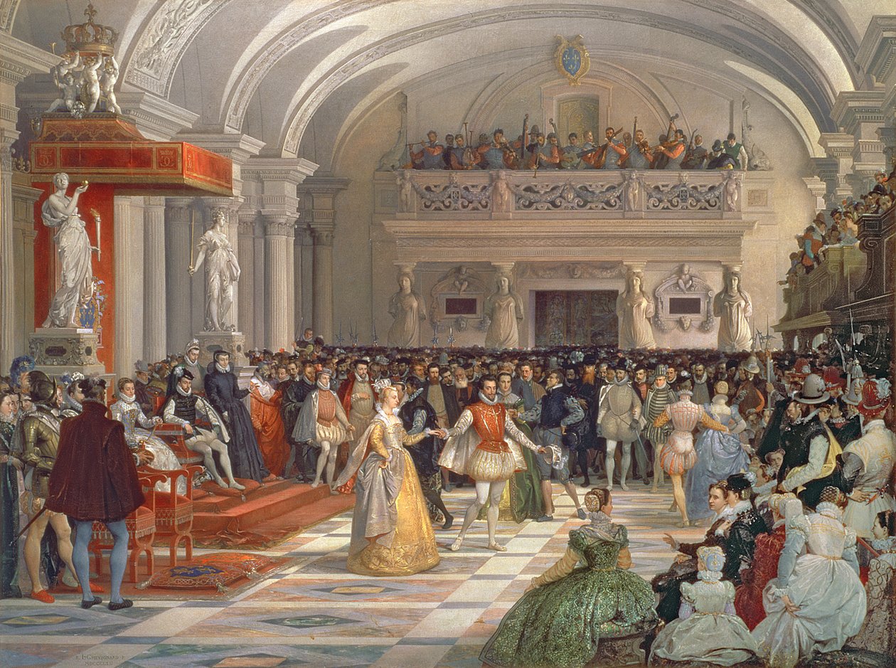 O casamento de Henrique de Bourbon, rei de Navarra, a Marguerite de Valois na presença de Catarina de Médicis e Carlos IX em 1572, 1862 de Edmond Lechevallier Chevignard