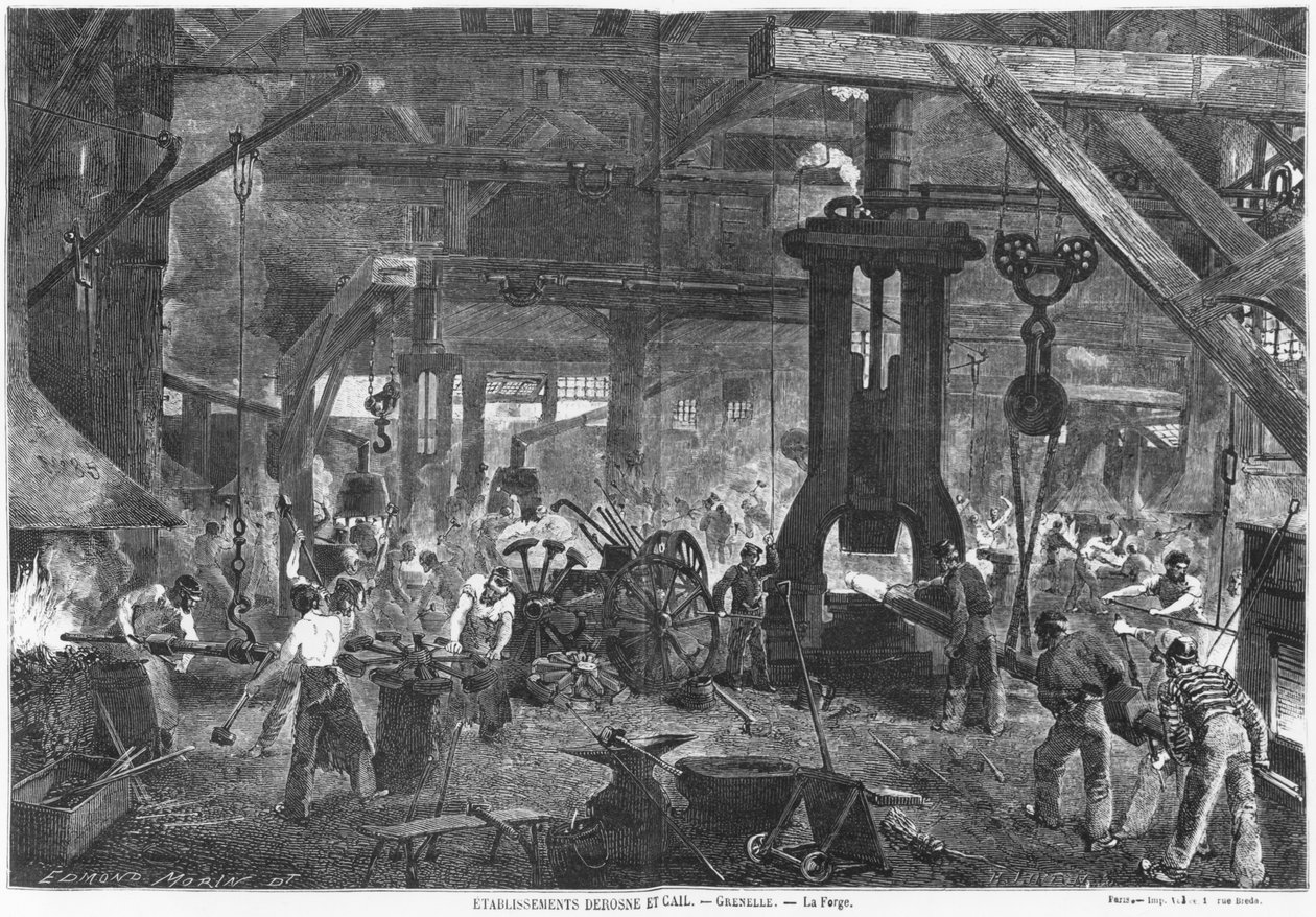 Forja da Derosne e Cail Company, Grenelle, ilustração de "Les Grandes Usines" por Julien Turgan, gravada por Henry Duff Linton (1815-99) c.1880 (gravura) (foto bw) de Edmond Morin