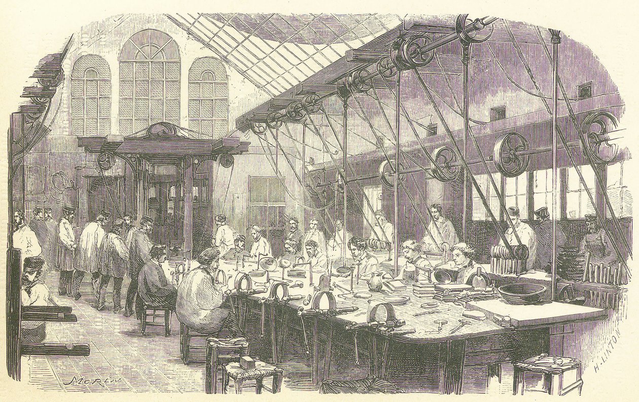 Silversmiths a trabalhar na Christophle Flatware Factory em Paris, pub. 1875 (gravura) de Edmond Morin