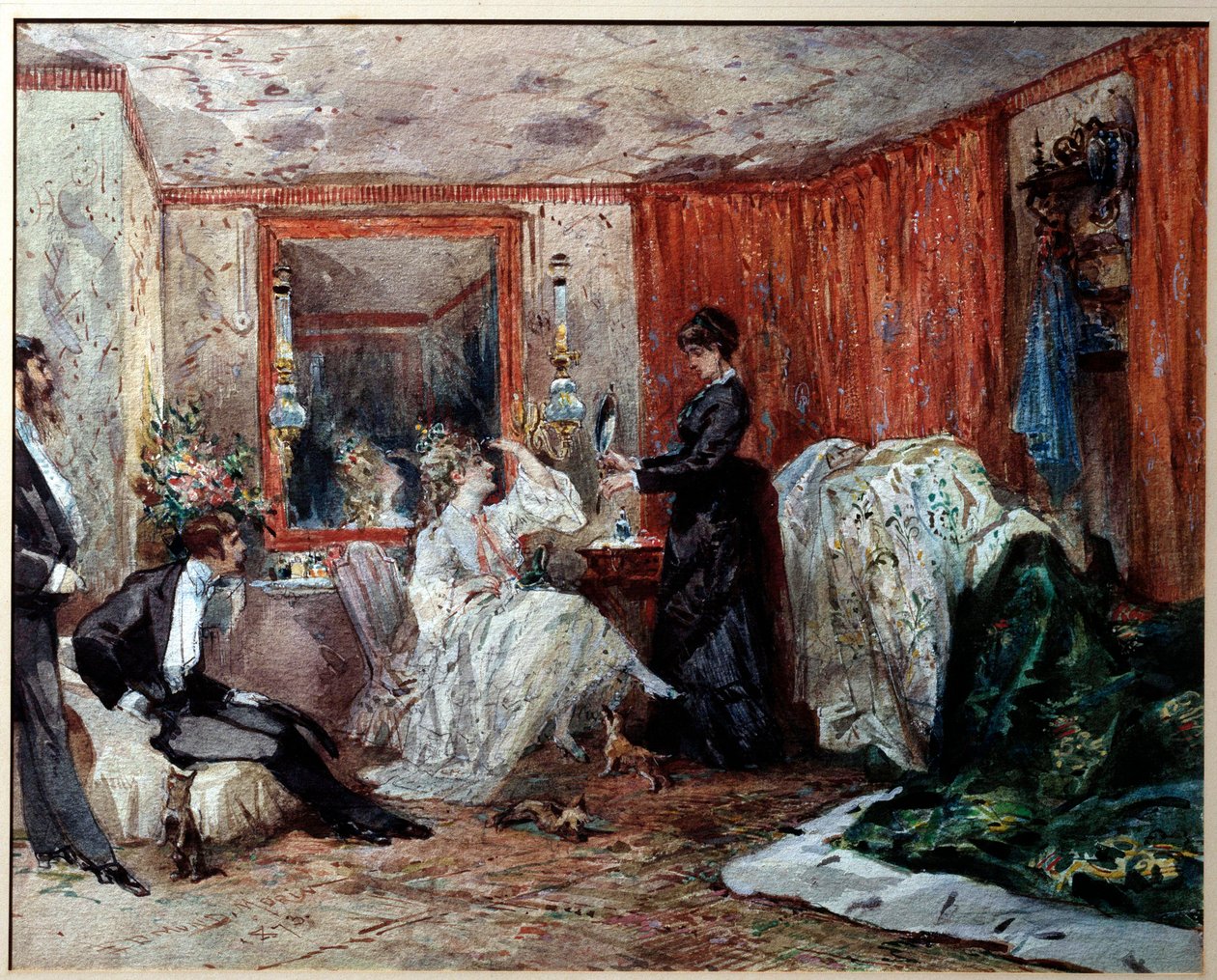 A comediante de teatro Hortense Schneider (1833-1920), senhora de Jacques Offenbach (1819-1890), representa à esquerda em seu camarim no Theatre des varietes. Aguarela de Edmond Morin (1824-1882) 1873 Compiegne, Museu do Castelo de Edmond Morin