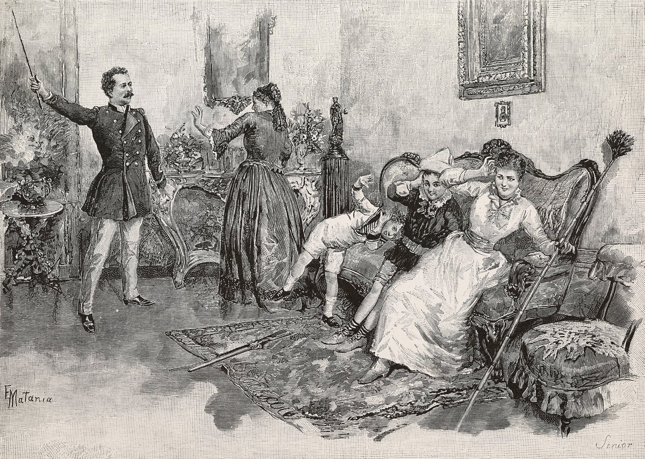 Duas mulheres e duas crianças assustadas por intimidar o homem, gravura da ilustração de Edoardo Matania para o livro Vida militar na Itália de Edmondo De Amicis (1846-1908), da L