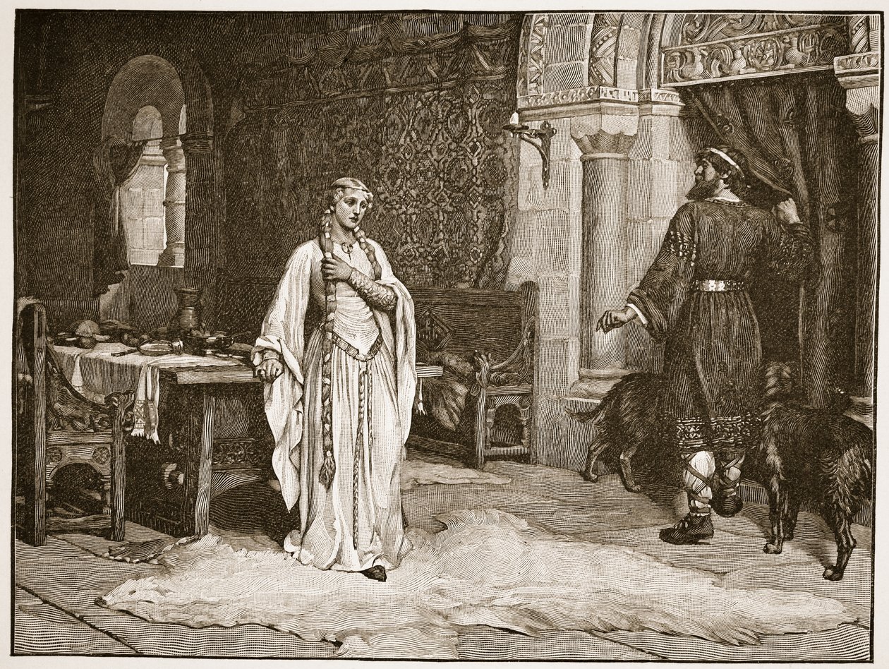 Conde Leofric e Lady Godiva, ilustração de "A Igreja da Inglaterra: uma história para o povo" por HDM Spence-Jones, pub. c.1910 (foto sépia) de Edmund Blair Leighton