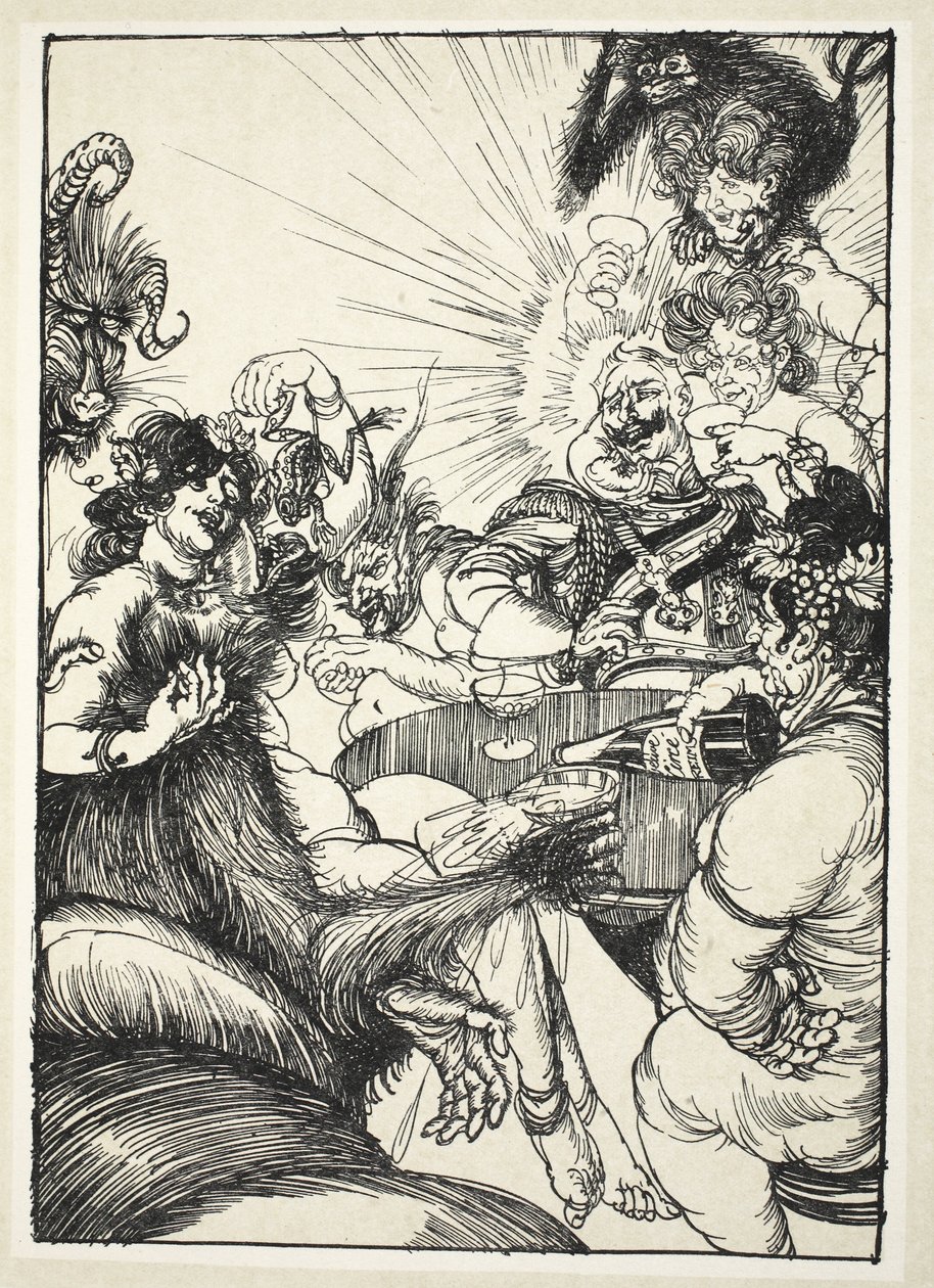 Kultur - comedor do sapo a Kaiser Comus, ilustração da festão do Kaiser por Edmund J. Sullivan, bar. 1916 de Edmund Joseph Sullivan