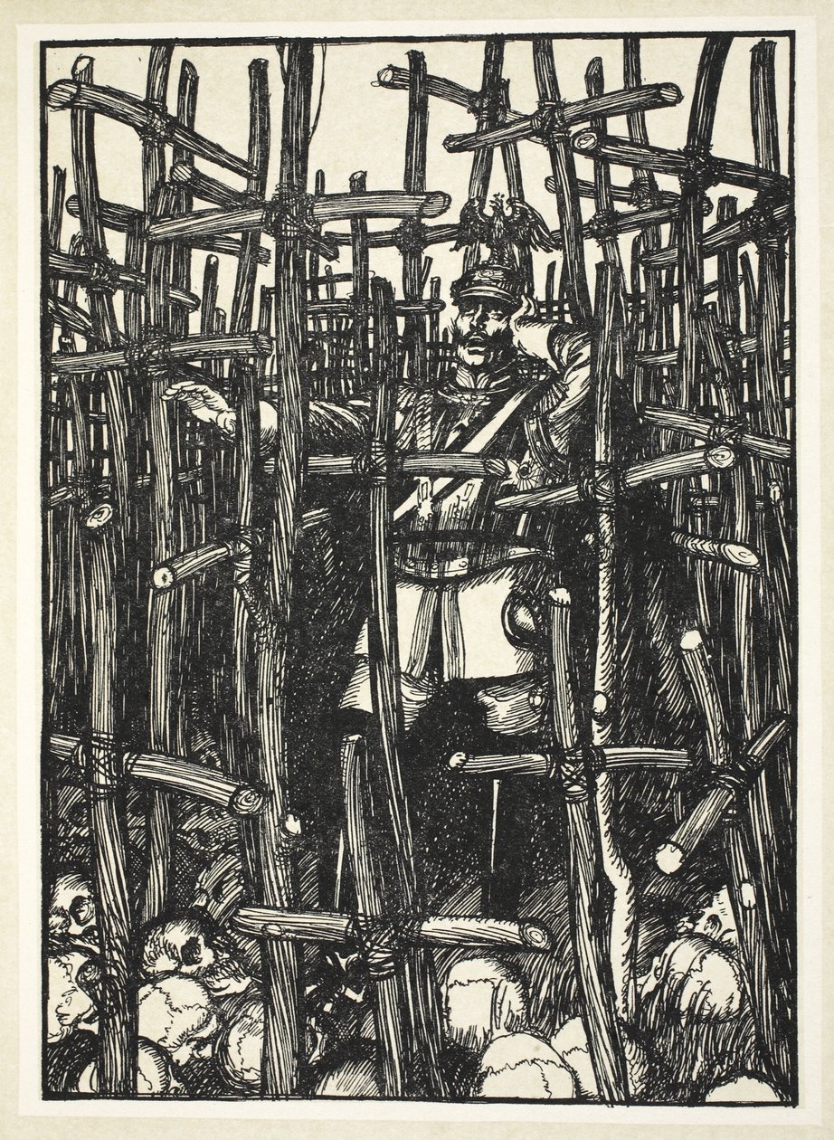 Perdido na madeira, ilustração da festão do Kaiser por Edmund J. Sullivan, bar. 1916 de Edmund Joseph Sullivan