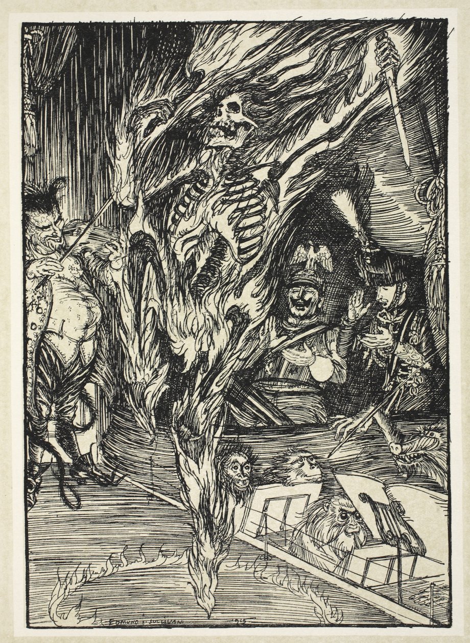 Bailarina de Prima Assoluta ao bailado imperial de Potsdam em sua dança conhecida do fogo e de espada, ilustração da festão do Kaiser por Edmund J. Sullivan, bar. 1916 de Edmund Joseph Sullivan