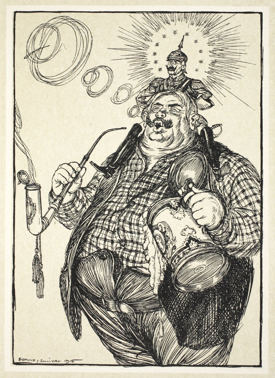 O Gigante Michel e o Anão Wilhelm ("O anão se considera grande porque pode cuspir um longo caminho"), ilustração da The Kaiser Garland, de Edmund J. Sullivan, pub. 1916 de Edmund Joseph Sullivan