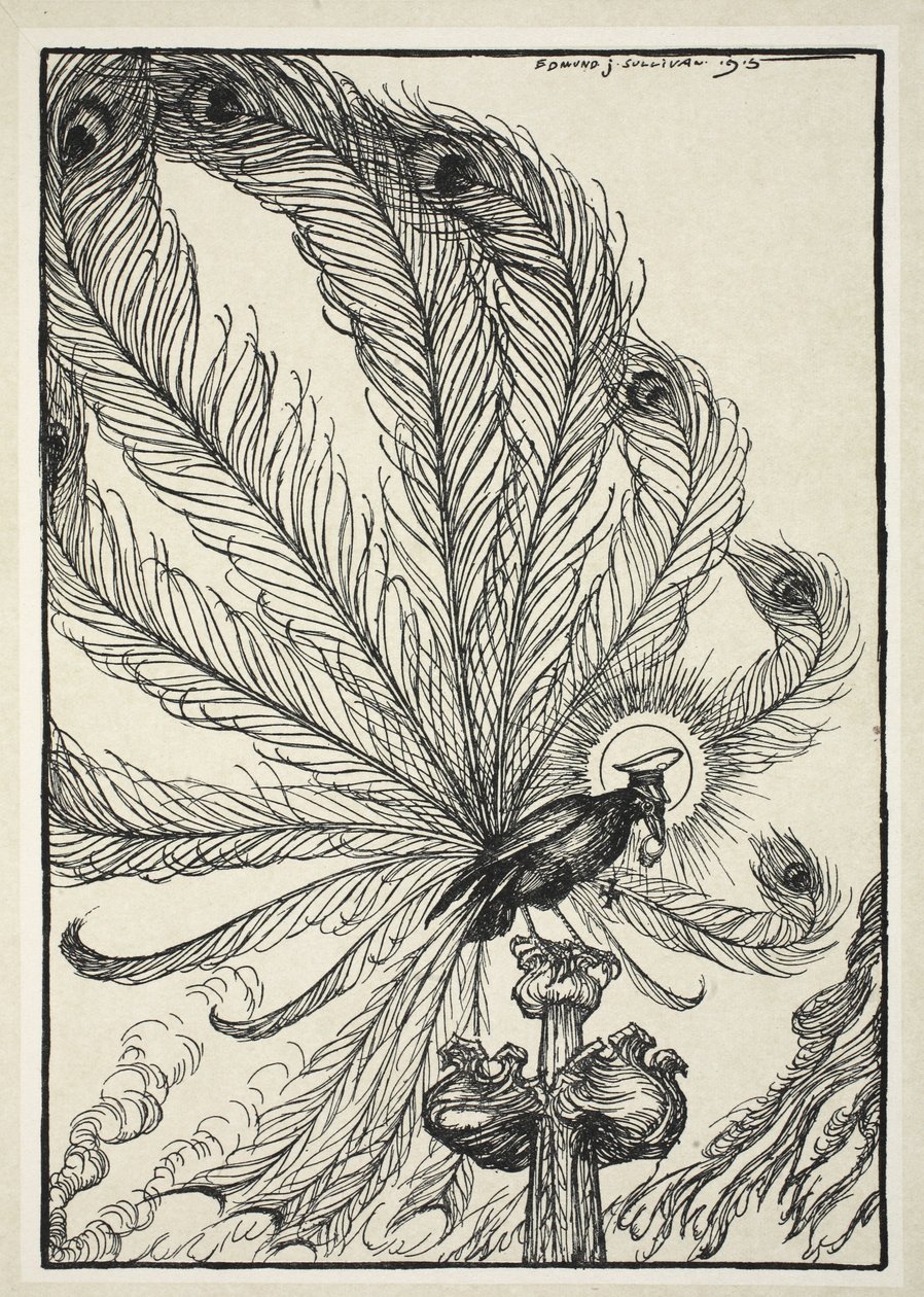 O Jackdaw de Rheims, o anel do cardeal, e as penas emprestadas, ilustração da festão do Kaiser por Edmund J. Sullivan, bar. 1916 de Edmund Joseph Sullivan