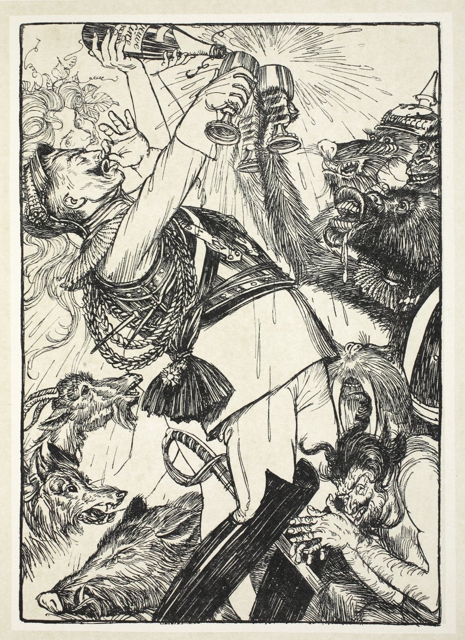 O vinho de Circe e do Comus prussiano, ilustração da festão do Kaiser por Edmund J. Sullivan, bar. 1916 de Edmund Joseph Sullivan