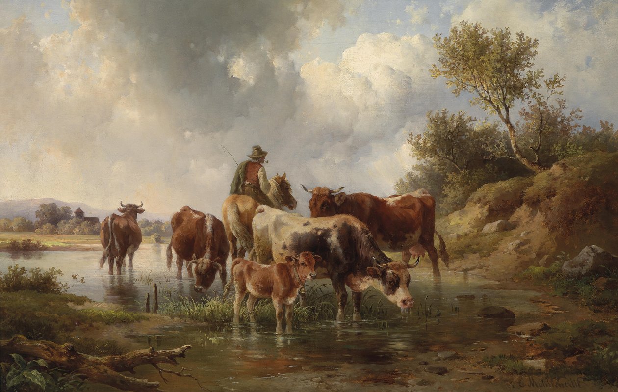 Vacas com pastores no ford de Edmund Mahlknecht