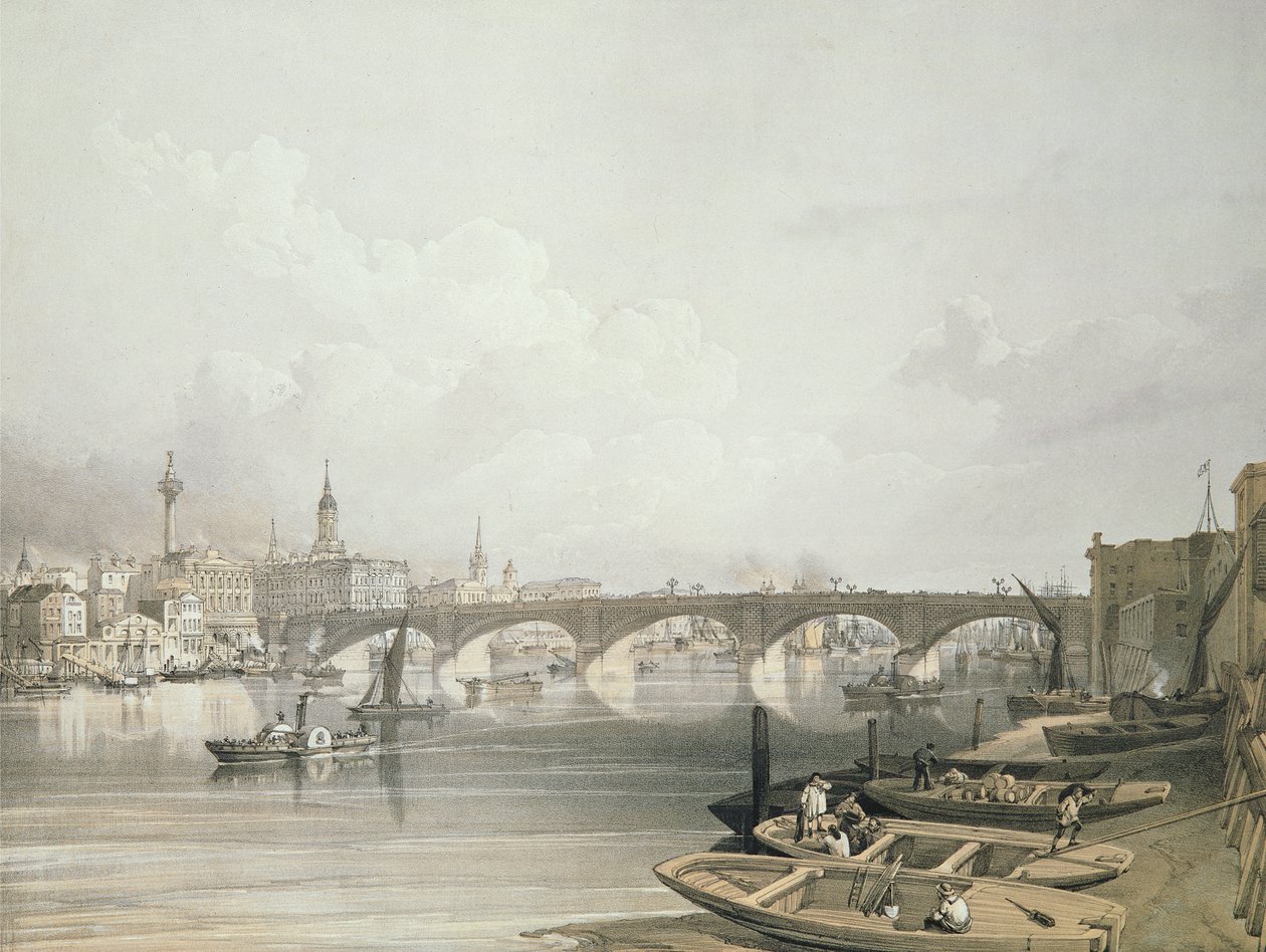 Ponte de Londres, acima da ponte, gravada por William Simpson (1823-99), bar. 1852 por Lloyd Bros. und Co. (litografia) de Edmund Walker