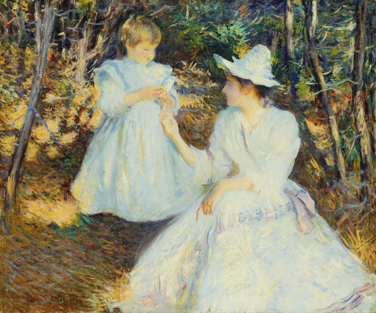 Mãe e filho em bosques de pinheiros de Edmund Charles Tarbell