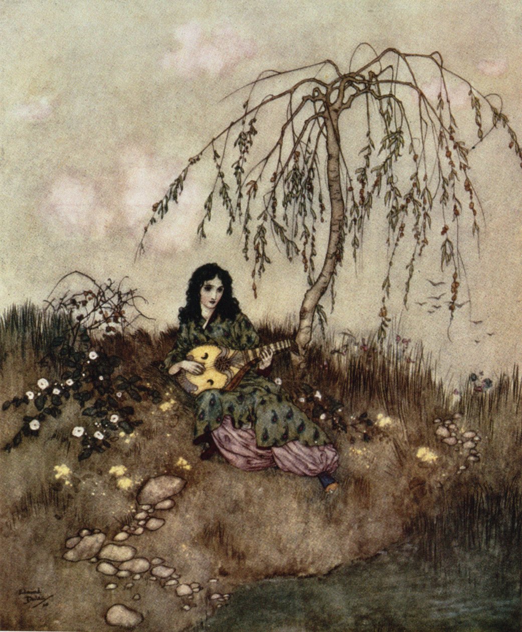 Depois de ter feito o seu trabalho, cantava e tocava", de "Cinderella", c.1910 de Edmund Dulac