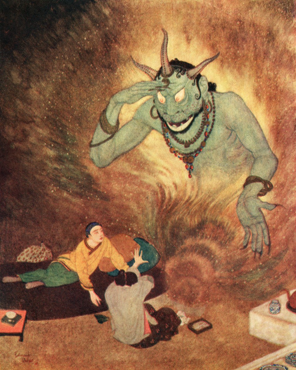 Aladino e a Efrite, ilustração de "Aladino e a Lâmpada Maravilhosa de Edmund Dulac