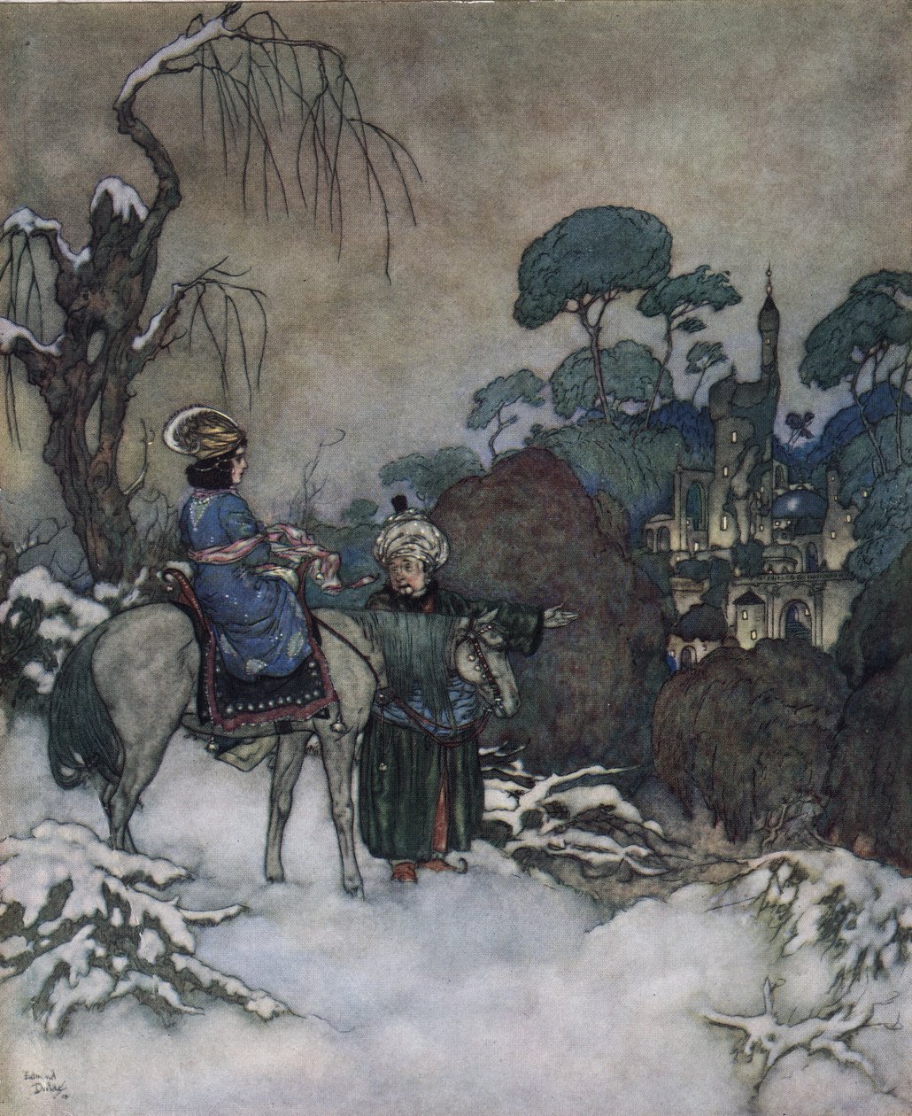 A Bela e o Monstro: a Bela, tendo aceite tomar o lugar do seu pai prisioneiro da Bete para o libertar, dirige-se para o castelo, c.1910 (litografia) de Edmund Dulac