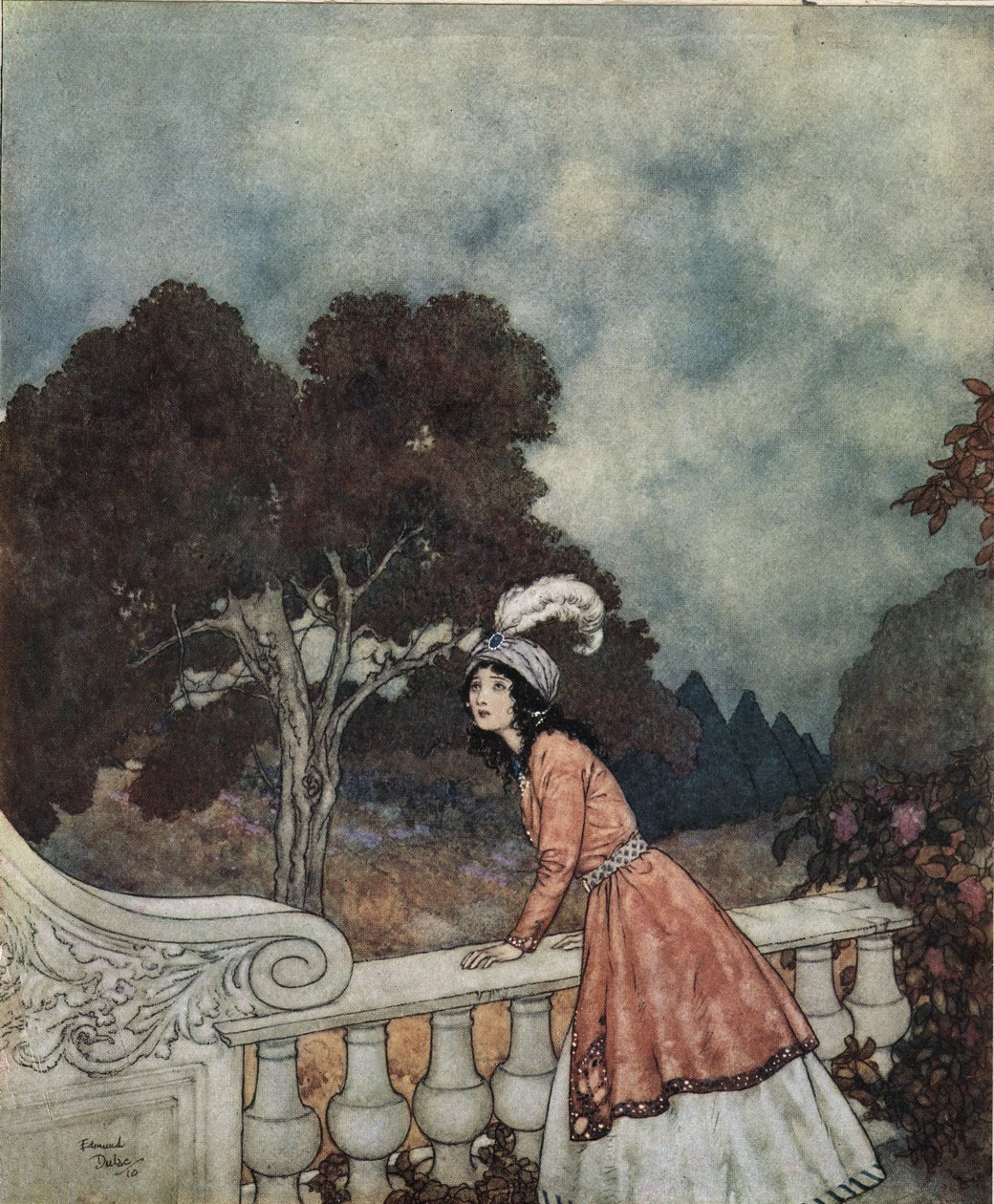 Barba azul: A jovem esposa de Barba Azul, Fátima, pergunta à sua irmã Ana se vê os seus irmãos da torre, c.1910 (litografia) de Edmund Dulac