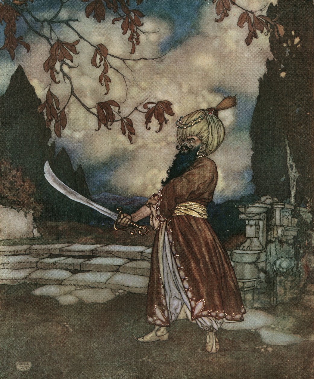 Barba azul: O terrível Barba Azul tem a barba tão preta que parece azul, c.1910 (litografia) de Edmund Dulac