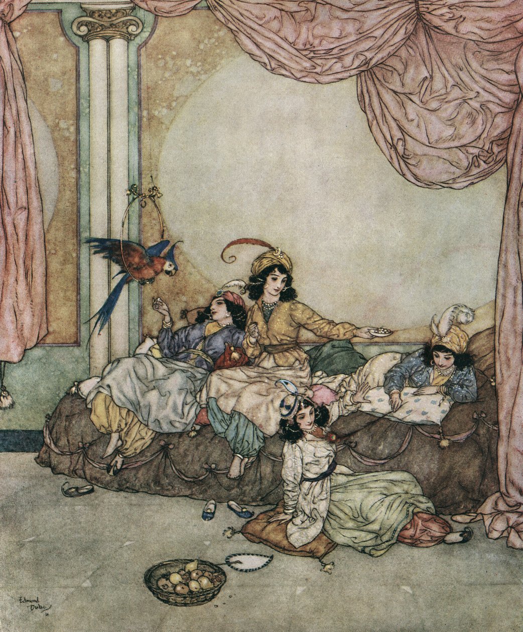 Barba Azul: A jovem esposa do Barba Azul, Fátima, convida os amigos para irem a sua casa enquanto o marido está em viagem, c.1910 (litografia) de Edmund Dulac