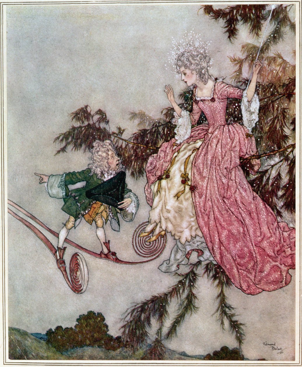 Mas a notícia foi-lhe trazida por um anãozinho que tinha um par de botas de sete léguas", ilustração de "A Bela Adormecida", pub. em 1910 (litografia a cores) de Edmund Dulac
