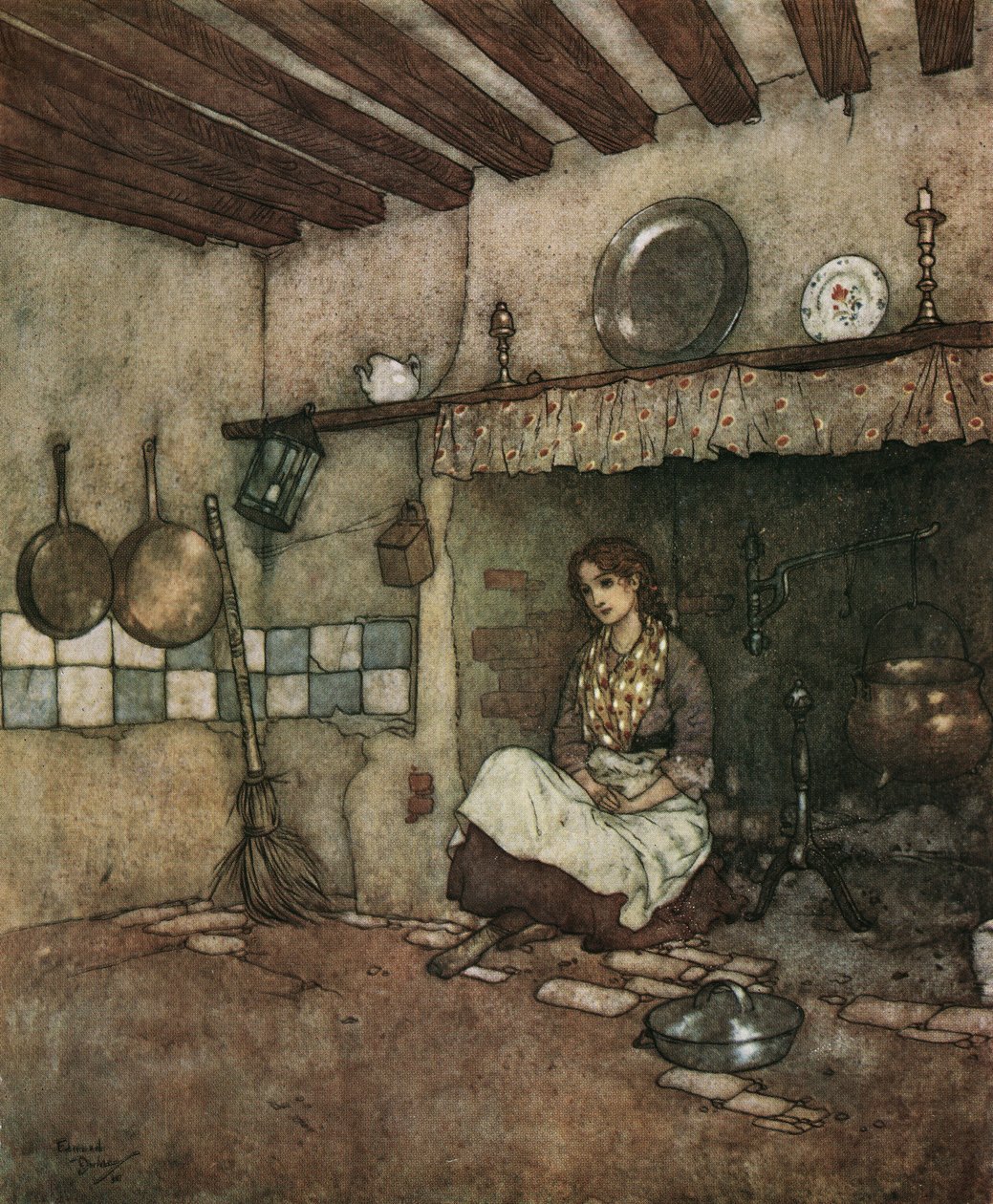 Cinderela: a jovem Cinderela sentada entre as cinzas da chaminé, c.1910 (litografia) de Edmund Dulac