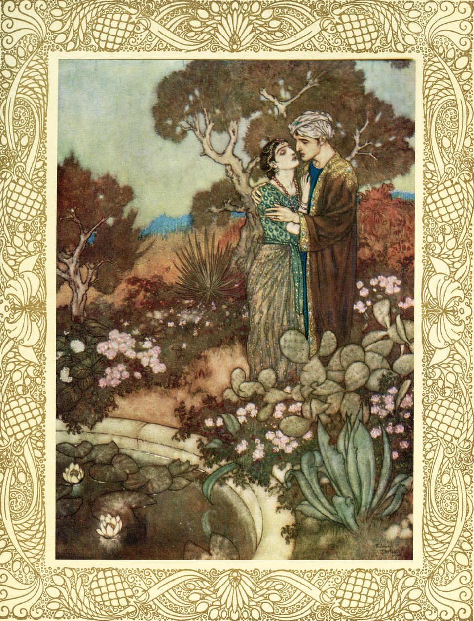 Será que, na tua pequena hora de Graça, O cipreste ondulante nos teus braços se enlaça, Antes que a Mãe de novo nos seus braços Se dobre, e te dissolva num último abraço, ilustração de "The Rubaiyat of Omar Khayyam", publicado em 1909 (litografia a cores) de Edmund Dulac