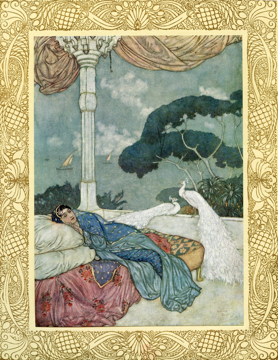 O céu é apenas a visão de um desejo realizado, E o inferno a sombra de uma alma em chamas,
Lançada sobre a escuridão na qual nós mesmos, tão tardiamente emergidos, tão cedo expiraremos, ilustração de "O Rubaiyat de Omar Khayyam", publicado em 1909 (litogra de Edmund Dulac