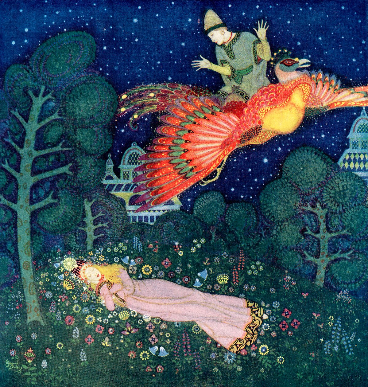 Ilustração para O Pássaro de Fogo do conto de fadas russo de Edmund Dulac
