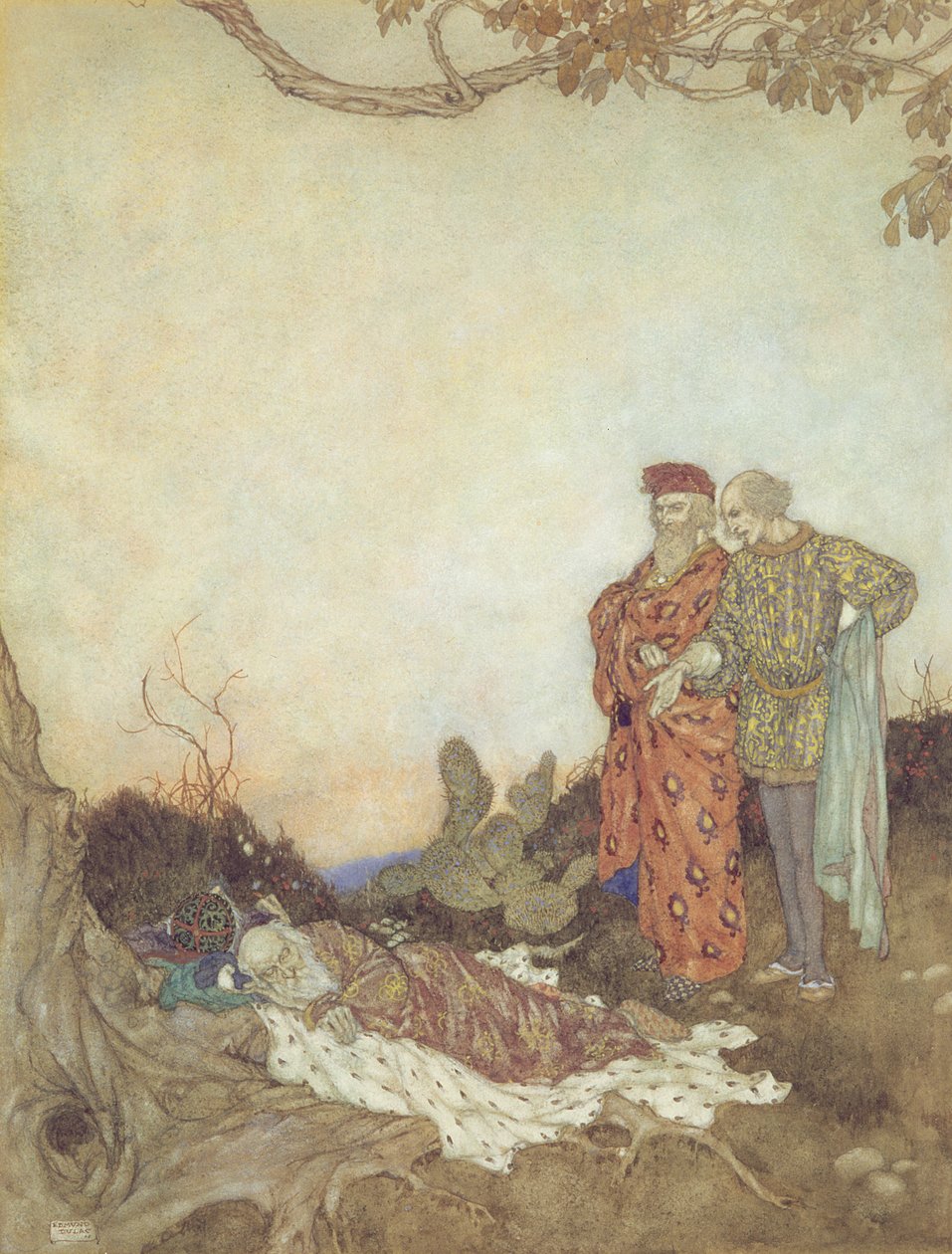 Ilustração para "The Tempest" Ato II, Cena 1 de Edmund Dulac