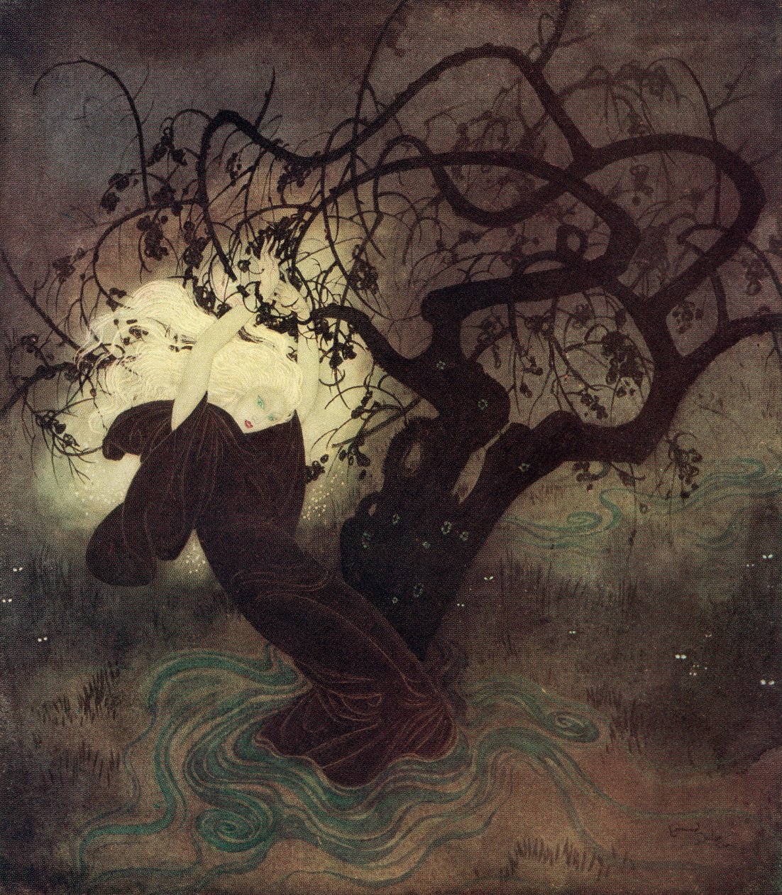 "Nas suas lutas frenéticas, o capuz do seu manto caiu para trás do seu deslumbrante cabelo dourado, e imediatamente todo o lugar foi inundado de luz", ilustração do conto de fadas inglês The Buried Moon, do Fairy-Book de Edmund Dulac: Fairy Tales of the A de Edmund Dulac