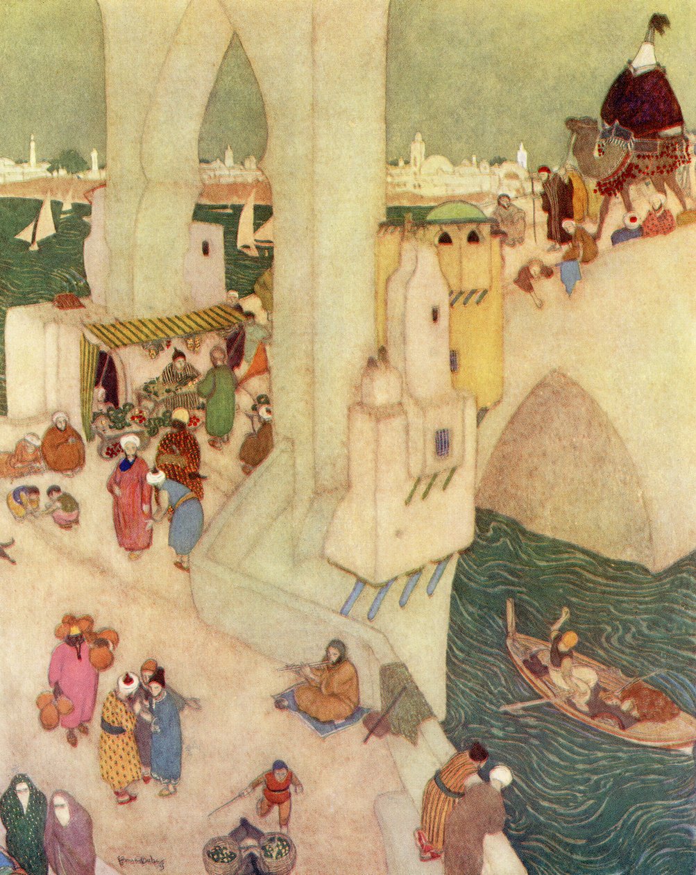 Na cidade de Bagdade, ilustração de "Sinbad The Sailor de Edmund Dulac