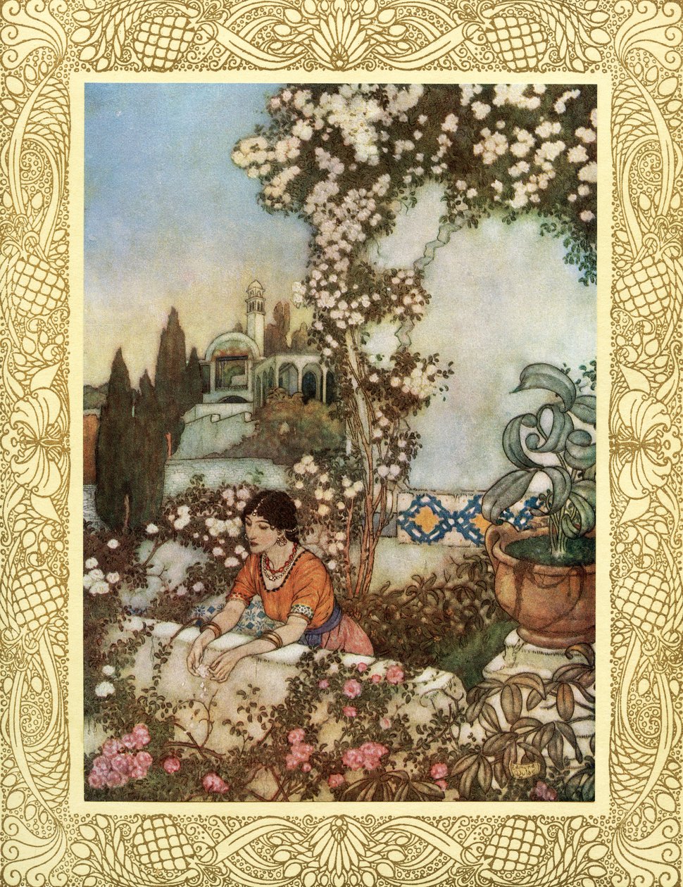 Olha para a Rosa que sopra à nossa volta - "Lo, Laughing," diz ela, "into the world I blow: De uma vez a borla de seda da minha bolsa rasga, e o seu tesouro no arremesso do jardim, ilustração de "O Rubaiyat de Omar Khayyam", publicado em 1909 (litografia a de Edmund Dulac