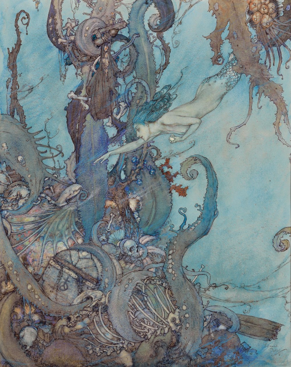 A Pequena Sereia: "Ao verem o líquido brilhante, recuaram aterrorizados" de Edmund Dulac