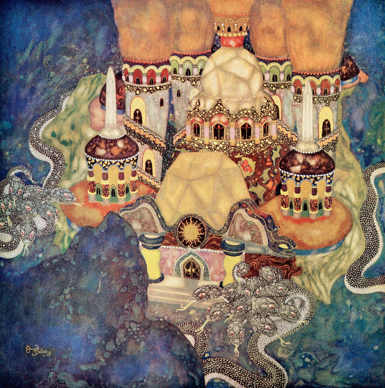 "O Palácio do Rei Dragão", ilustração do conto de fadas sérvio A História de Bashtchelik, do Fairy-Book de Edmund Dulac: Fairy Tales of the Allied Nations, pub.1916 (aguarela sobre papel) de Edmund Dulac