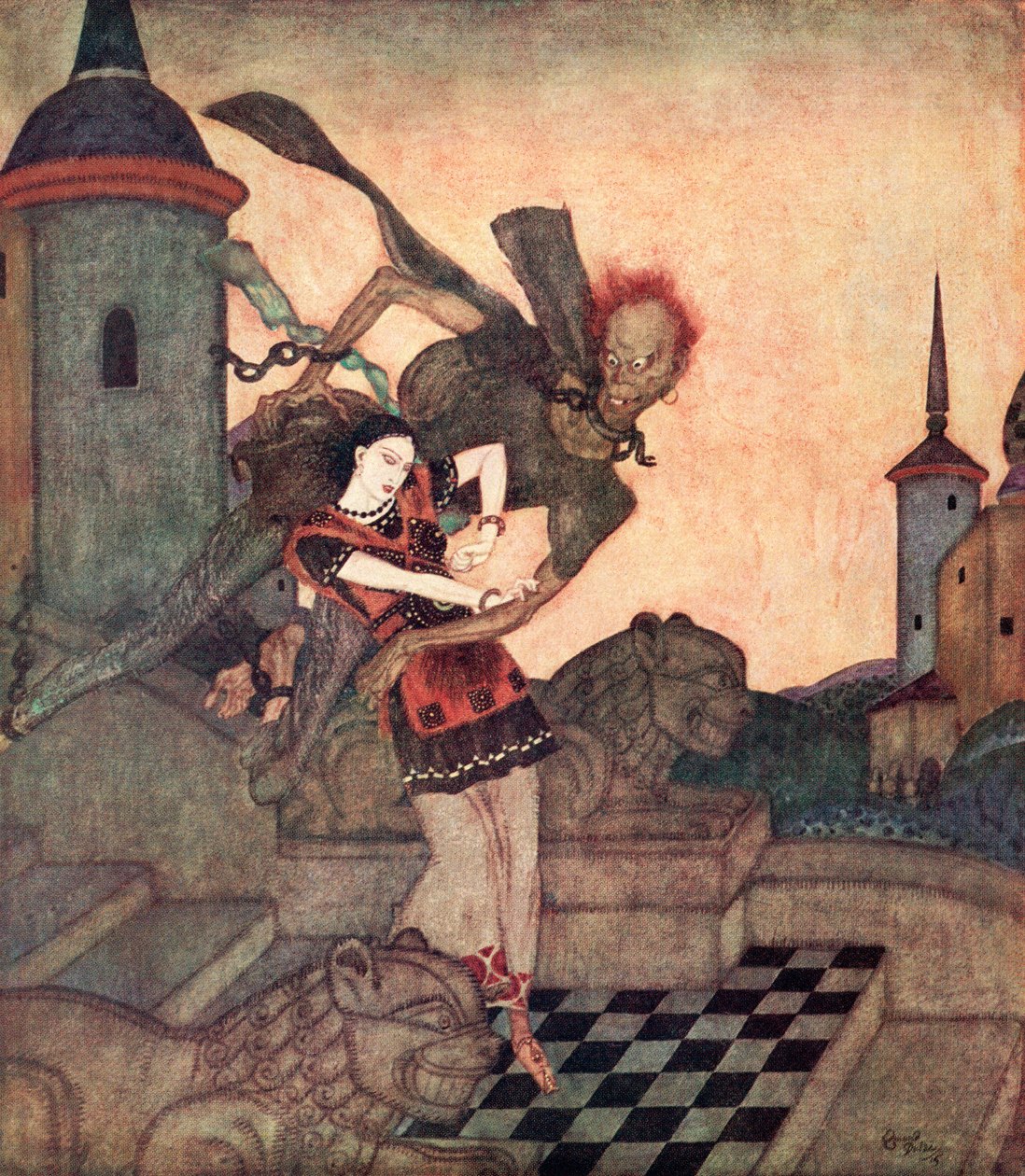 "O Príncipe, olhando para fora, viu-o agarrar a Princesa e voar rapidamente para longe", ilustração do conto de fadas sérvio A História de Bashtchelik, do Fairy-Book de Edmund Dulac: Contos de Fadas das Nações Aliadas, pub.1916 de Edmund Dulac
