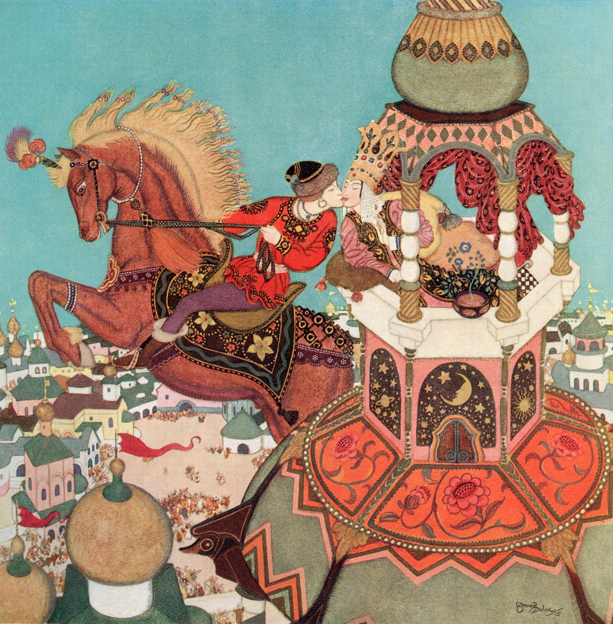 "O cavalo castanho parecia permanecer no ar no topo do seu salto enquanto o beijo durava", ilustração do conto de fadas russo Ivan e o Cavalo Castanho, do Fairy-Book de Edmund Dulac: Contos de Fadas das Nações Aliadas, pub.1916 de Edmund Dulac