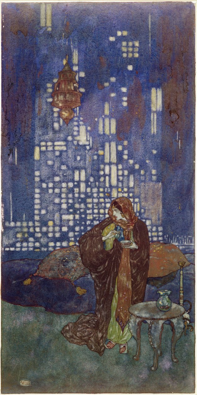 A taça de vinho que ela lhe dá todas as noites contém uma bebida para dormir", ilustração de "King of the Ebony Isles de Edmund Dulac