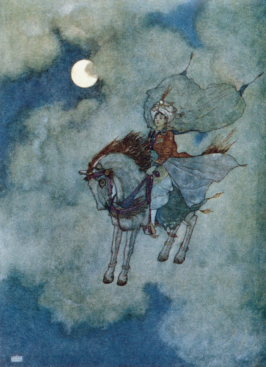 O cavalo voador", ilustração para a história do cavalo encantado dos "Contos das 1001 Noites", publicada em Potsdam em 1920 (litografia a cores) de Edmund Dulac