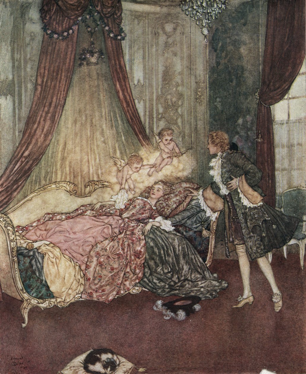 A bela adormecida: O Príncipe Encantado descobre a rapariga adormecida, c.1910 (litografia) de Edmund Dulac