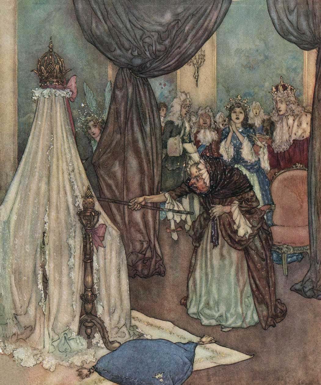 A bela adormecida: um velho feitor debruça-se sobre o berço da princesa e amaldiçoa-a, c.1910 (litografia) de Edmund Dulac
